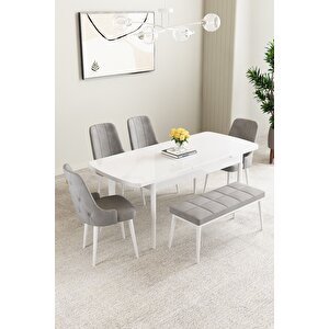 Mabel Beyaz 80x132 Açılabilir Mdf Masa Yemek Odası Takımı, Mutfak Takımı  4 Sandalye 1 Bench Gri