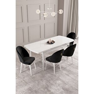 Calvin Beyaz 80x132 Açılabilir Mdf Masa Yemek Odası Takımı, Mutfak Takımı 4 Adet Sandalye Siyah
