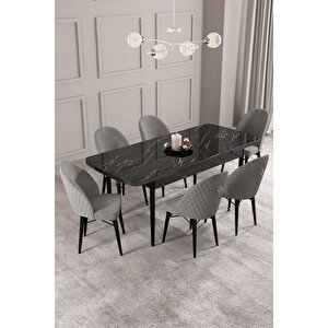 ​​​​​​​calvin Siyah Mermer Desen 80x132 Açılabilir Mdf Masa Yemek Odası Takımı, Mutfak Takımı 6 Adet Sandalye Gri