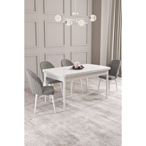 Calvin Beyaz 80x132 Açılabilir Mdf Masa Yemek Odası Takımı, Mutfak Takımı 4 Adet Sandalye Gri