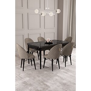 ​​​​​​​calvin Siyah Mermer Desen 80x132 Açılabilir Mdf Masa Yemek Odası Takımı, Mutfak Takımı 6 Adet Sandalye Cappuccino