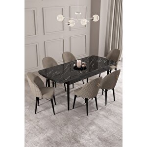 ​​​​​​​calvin Siyah Mermer Desen 80x132 Açılabilir Mdf Masa Yemek Odası Takımı, Mutfak Takımı 6 Adet Sandalye Cappuccino