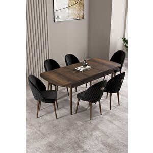 ​​​​​​​milas Barok Desen 80x132 Açılabilir Mdf Masa Yemek Odası Takımı, Mutfak Takımı 6 Sandalye Siyah