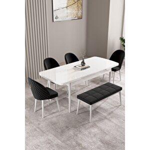 Milas Beyaz 80x132 Açılabilir Mdf Masa Yemek Odası Takımı, Mutfak Takımı 4 Sandalye, 1 Bench Siyah