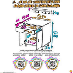 Doqu (xl) Ocak Altı 1 Çekmece Ve Kapaklı 1 Tüp Gözlü Set 70 Cm Genişlik 56 Cm Derinlik + Askılı Baharat Rafı