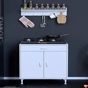 Doqu (xxl) Ocak Altı 1 Çekmece Ve Kapaklı 1 Tüp Gözlü Set 75 Cm Genişlik 56 Cm Derinlik + Askılı Baharat Rafı