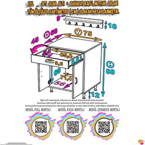 Doqu (xxl) Ocak Altı 1 Çekmece Ve Kapaklı 1 Tüp Gözlü Set 75 Cm Genişlik 56 Cm Derinlik + Askılı Baharat Rafı