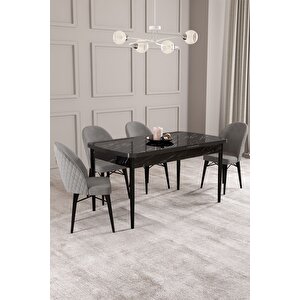 ​​​​​​​calvin Siyah Mermer 80x132 Açılabilir Mdf Masa Yemek Odası Takımı, Mutfak Takımı 4 Adet Sandalye Gri