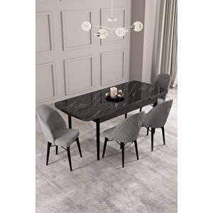 ​​​​​​​calvin Siyah Mermer 80x132 Açılabilir Mdf Masa Yemek Odası Takımı, Mutfak Takımı 4 Adet Sandalye Gri