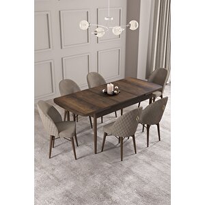 Calvin Barok Desen 80x132 Açılabilir Mdf Masa Yemek Odası Takımı, Mutfak Takımı 6 Adet Sandalye Cappuccino