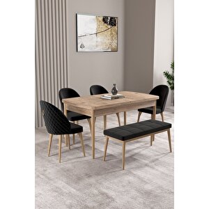 Milas Atlantik Çam 80x132 Açılabilir Mdf Masa Yemek Odası Takımı, Mutfak Takımı 4 Sandalye, 1 Bench Siyah