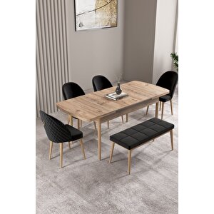 Milas Atlantik Çam 80x132 Açılabilir Mdf Masa Yemek Odası Takımı, Mutfak Takımı 4 Sandalye, 1 Bench Siyah