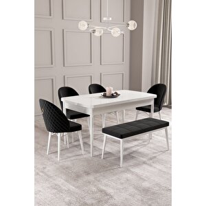 Calvin Beyaz 80x132 Açılabilir Mdf Masa Yemek Odası Takımı, Mutfak Takımı 4 Sandalye, 1 Bench Siyah