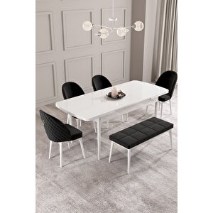 Calvin Beyaz 80x132 Açılabilir Mdf Masa Yemek Odası Takımı, Mutfak Takımı 4 Sandalye, 1 Bench Siyah