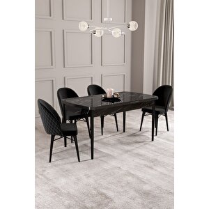 ​​​​​​​calvin Siyah Mermer 80x132 Açılabilir Mdf Masa Yemek Odası Takımı, Mutfak Takımı 4 Adet Sandalye Siyah