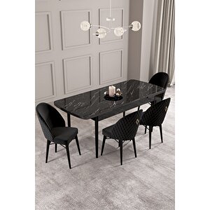 ​​​​​​​calvin Siyah Mermer 80x132 Açılabilir Mdf Masa Yemek Odası Takımı, Mutfak Takımı 4 Adet Sandalye Siyah