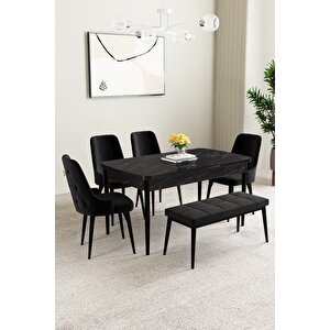 Mabel Siyah Mermer Desen 80x132 Açılabilir Mdf Masa Yemek Odası Takımı, Mutfak Takımı 4 Sandalye, 1 Bench Siyah