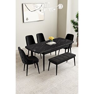 Mabel Siyah Mermer Desen 80x132 Açılabilir Mdf Masa Yemek Odası Takımı, Mutfak Takımı 4 Sandalye, 1 Bench Siyah