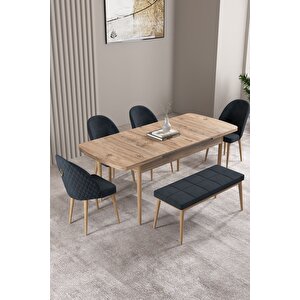 Milas Atlantik Çam 80x132 Açılabilir Mdf Masa Yemek Odası Takımı, Mutfak Takımı 4 Sandalye, 1 Bench Antrasit