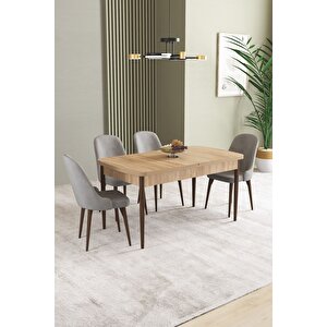 Ikon Meşe Desen 80x132 Açılabilir Mdf Masa Yemek Odası Takımı, Mutfak Takımı 4 Adet Sandalye Gri