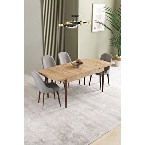 Ikon Meşe Desen 80x132 Açılabilir Mdf Masa Yemek Odası Takımı, Mutfak Takımı 4 Adet Sandalye Gri