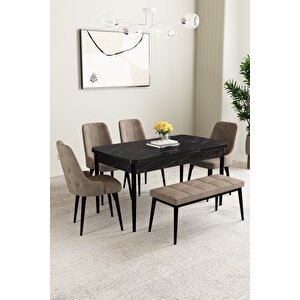 Mabel Siyah Mermer Desen 80x132 Açılabilir Mdf Masa Yemek Odası Takımı, Mutfak Takımı 4 Sandalye, 1 Bench Cappuccino