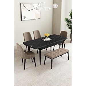 Mabel Siyah Mermer Desen 80x132 Açılabilir Mdf Masa Yemek Odası Takımı, Mutfak Takımı 4 Sandalye, 1 Bench Cappuccino