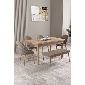 Milas Atlantik Çam 80x132 Açılabilir Mdf Masa Yemek Odası Takımı, Mutfak Takımı 4 Sandalye, 1 Bench Cappuccino