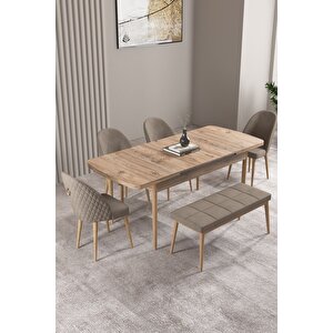 Milas Atlantik Çam 80x132 Açılabilir Mdf Masa Yemek Odası Takımı, Mutfak Takımı 4 Sandalye, 1 Bench Cappuccino