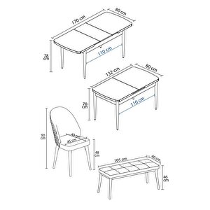Milas Atlantik Çam 80x132 Açılabilir Mdf Masa Yemek Odası Takımı, Mutfak Takımı 4 Sandalye, 1 Bench Cappuccino