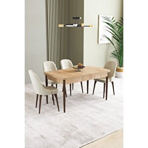 Ikon Meşe Desen 80x132 Açılabilir Mdf Masa Yemek Odası Takımı, Mutfak Takımı 4 Adet Sandalye Krem