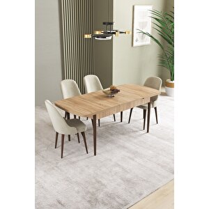 Ikon Meşe Desen 80x132 Açılabilir Mdf Masa Yemek Odası Takımı, Mutfak Takımı 4 Adet Sandalye Krem