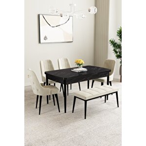 Mabel Siyah Mermer Desen 80x132 Açılabilir Mdf Masa Yemek Odası Takımı, Mutfak Takımı 4 Sandalye, 1 Bench Krem