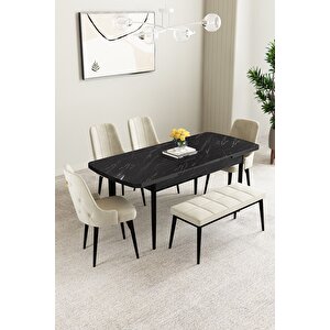 Mabel Siyah Mermer Desen 80x132 Açılabilir Mdf Masa Yemek Odası Takımı, Mutfak Takımı 4 Sandalye, 1 Bench Krem