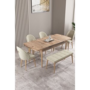 Milas Atlantik Çam 80x132 Açılabilir Mdf Masa Yemek Odası Takımı, Mutfak Takımı 4 Sandalye, 1 Bench Krem