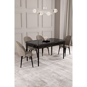 ​​​​​​​calvin Siyah Mermer 80x132 Açılabilir Mdf Masa Yemek Odası Takımı, Mutfak Takımı 4 Adet Sandalye Cappuccino