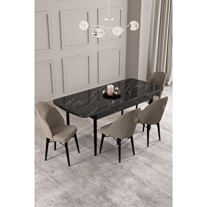 ​​​​​​​calvin Siyah Mermer 80x132 Açılabilir Mdf Masa Yemek Odası Takımı, Mutfak Takımı 4 Adet Sandalye Cappuccino