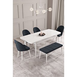 Calvin Beyaz 80x132 Açılabilir Mdf Masa Yemek Odası Takımı, Mutfak Takımı 4 Sandalye, 1 Bench Antrasit