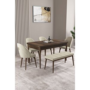 Milas Barok Desen 80x132 Açılabilir Mdf Masa Yemek Odası Takımı, Mutfak Takımı 4 Sandalye, 1 Bench Krem