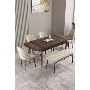 Milas Barok Desen 80x132 Açılabilir Mdf Masa Yemek Odası Takımı, Mutfak Takımı 4 Sandalye, 1 Bench Krem