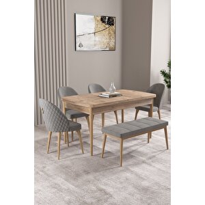 Milas Atlantik Çam 80x132 Açılabilir Mdf Masa Yemek Odası Takımı, Mutfak Takımı 4 Sandalye, 1 Bench Gri