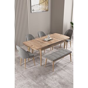 Milas Atlantik Çam 80x132 Açılabilir Mdf Masa Yemek Odası Takımı, Mutfak Takımı 4 Sandalye, 1 Bench Gri