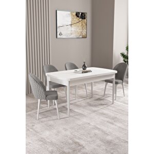 Milas Beyaz 80x132 Açılabilir Mdf Masa Yemek Odası Takımı, Mutfak Takımı 4 adet Sandalye Gri