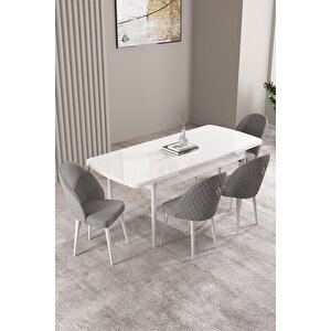 Milas Beyaz 80x132 Açılabilir Mdf Masa Yemek Odası Takımı, Mutfak Takımı 4 adet Sandalye Gri