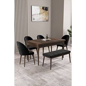 Milas Barok Desen 80x132 Açılabilir Mdf Masa Yemek Odası Takımı, Mutfak Takımı 4 Sandalye, 1 Bench Siyah