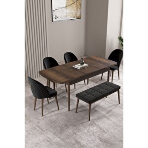 Milas Barok Desen 80x132 Açılabilir Mdf Masa Yemek Odası Takımı, Mutfak Takımı 4 Sandalye, 1 Bench Siyah