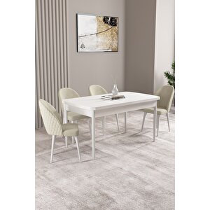 Milas Beyaz 80x132 Açılabilir Mdf Masa Yemek Odası Takımı, Mutfak Takımı 4 adet Sandalye Krem