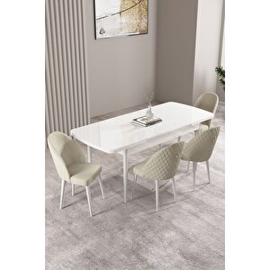 Milas Beyaz 80x132 Açılabilir Mdf Masa Yemek Odası Takımı, Mutfak Takımı 4 adet Sandalye Krem