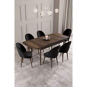 Calvin Barok Desen 80x132 Açılabilir Mdf Masa Yemek Odası Takımı, Mutfak Takımı 6 Adet Sandalye Siyah