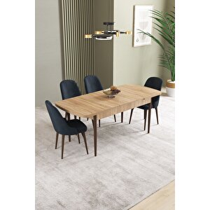 Ikon Meşe Desen 80x132 Açılabilir Mdf Masa Yemek Odası Takımı, Mutfak Takımı 4 Adet Sandalye Antrasit